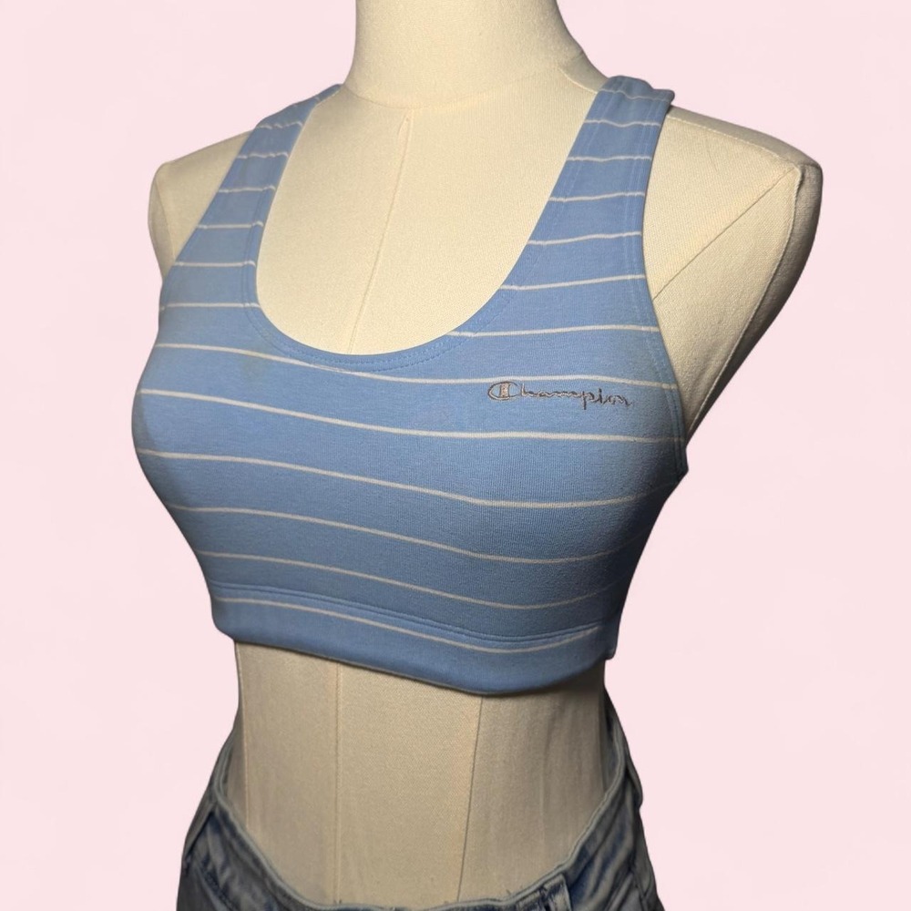 Champion Baby Blue Striped Racerback Sports Bra Embroidered Logo Crop Top